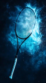 Tennis racket isolated in dynamic blue energy splash.