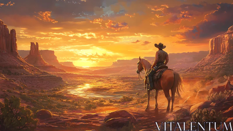 Cowboy on horseback observing sunlit desert canyon panorama.