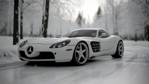 Photorealistic silver supercar on icy forest roadway composition.