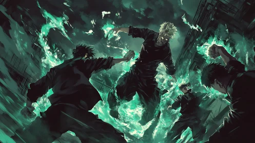 Combatants surrounded by teal ethereal energy in stormy alleyway.