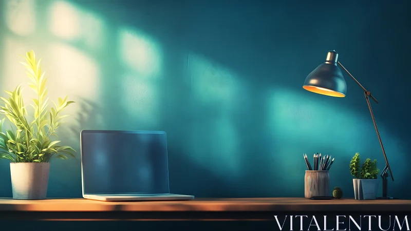 Minimal desk with laptop, potted plants, and task lamp.