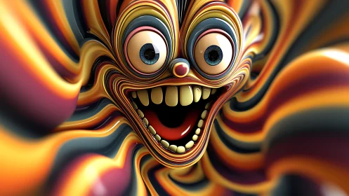 Surreal striped cartoon face warps through fluid 3D space