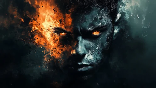 Dual-element portrait in fiery and glacial digital composition.