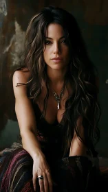 Portrait shows seated woman with long wavy hair indoors