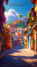 Sunlit Latin street ascends toward hilltop tower in vivid hues