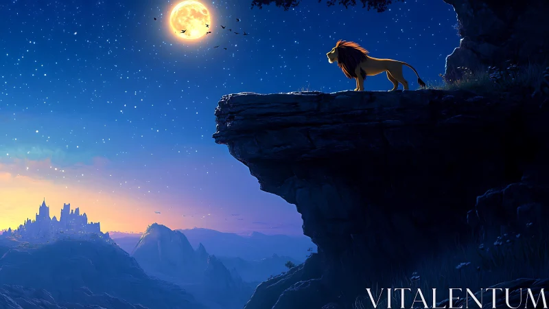 Lion on cliff ledge under moonlit sky overlooking valley.
