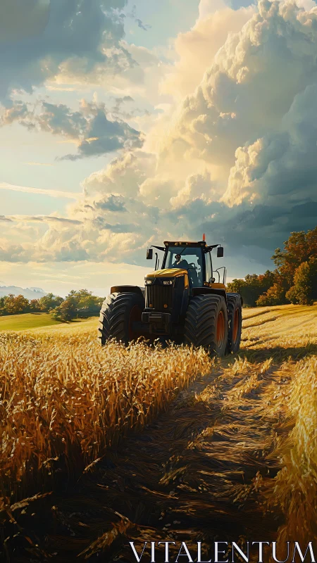 Golden evening tractor rolls gently through sunlit wheat fields