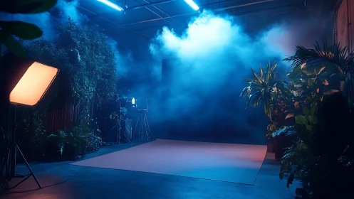 Biophilic studio set with volumetric blue haze and key lighting.