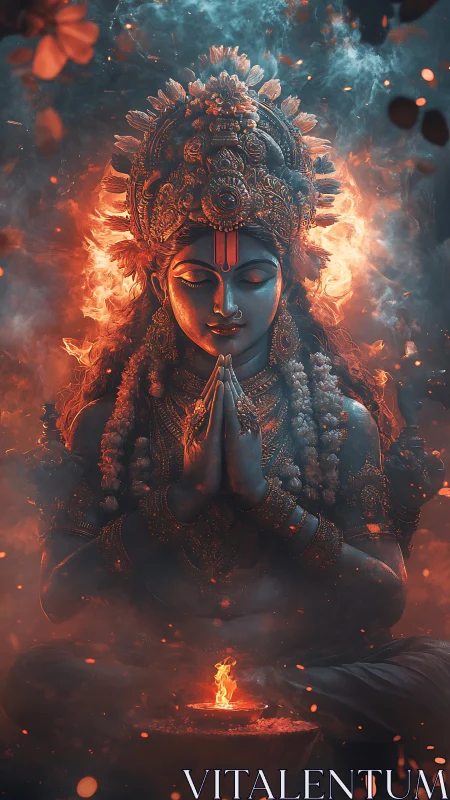 Deity figure in seated pose before ritual flame, frontal view.