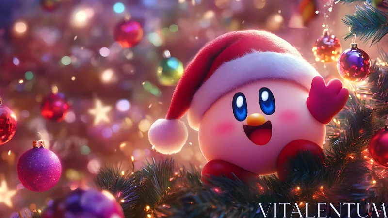 Kirby character sits among Christmas ornaments and lights