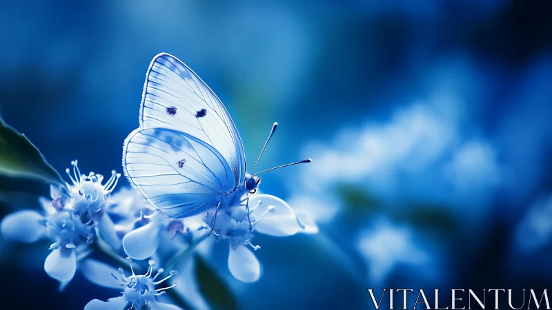 White butterfly on small blossoms in blue-toned close-up.