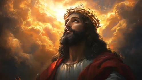 Radiant messianic portrait glows within storm-lit heavens