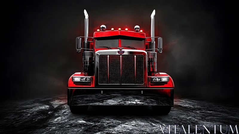 Frontally lit red semi-truck with high-contrast studio staging.