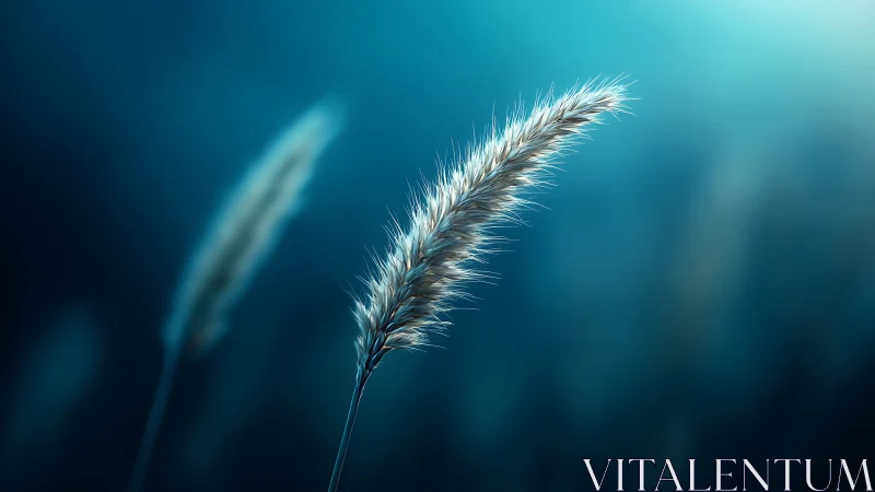 Single wheat stem glows against deep teal blur background.