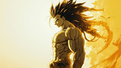 Saiyan warrior stands in blazing golden aura of power.