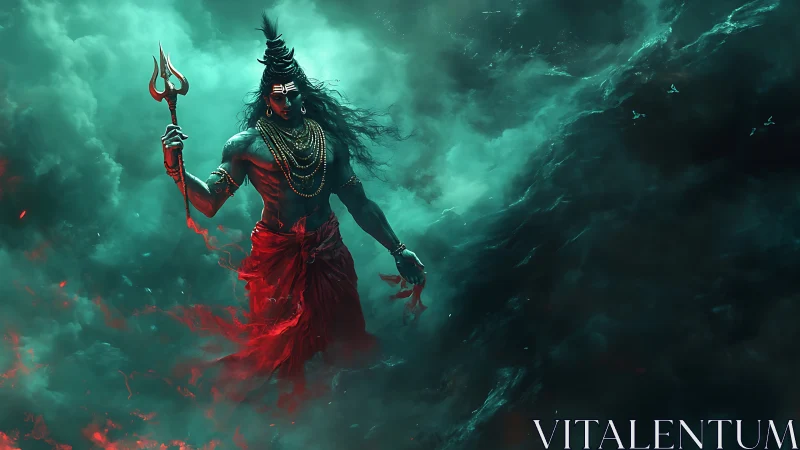 Mythological warrior figure with trident in stormy clouds.