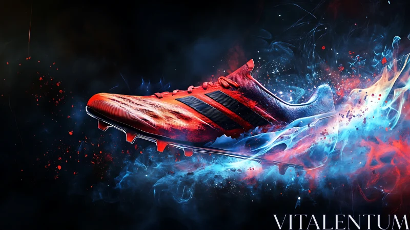 Explosive red soccer cleat bursts through blue energy clouds.