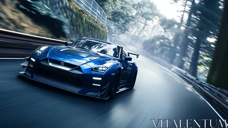 Blue performance coupe on forest racetrack curve in motion.