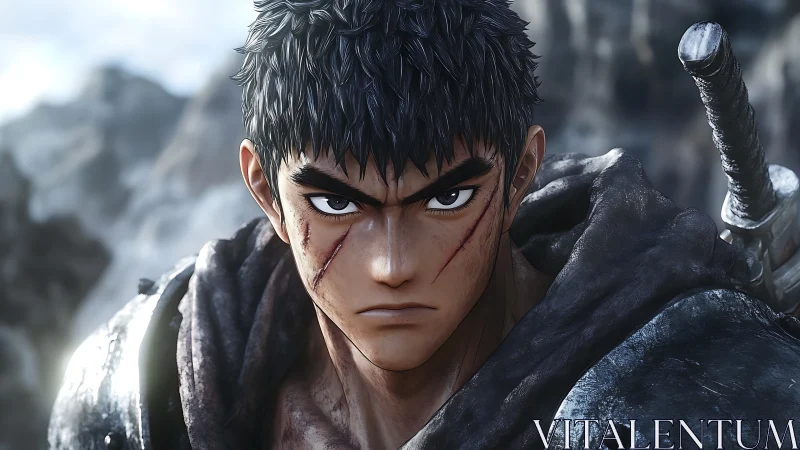 Scarred anime warrior stares ahead in cold, stormy light