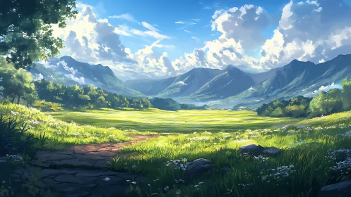 Sunlit mountain valley meadow extends beneath dynamic clouds