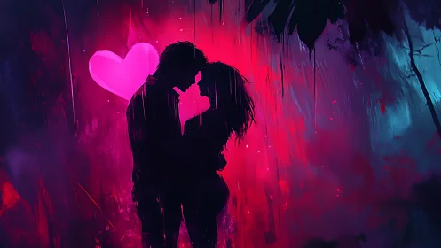 Neon Kiss: Silhouette Couple Under Glowing Heart.