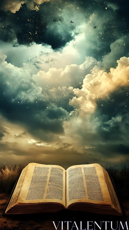 Open antique book anchors vertically framed celestial storm sky