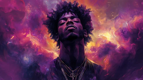 Afrofuturist portrait burns through cosmic violet storm.