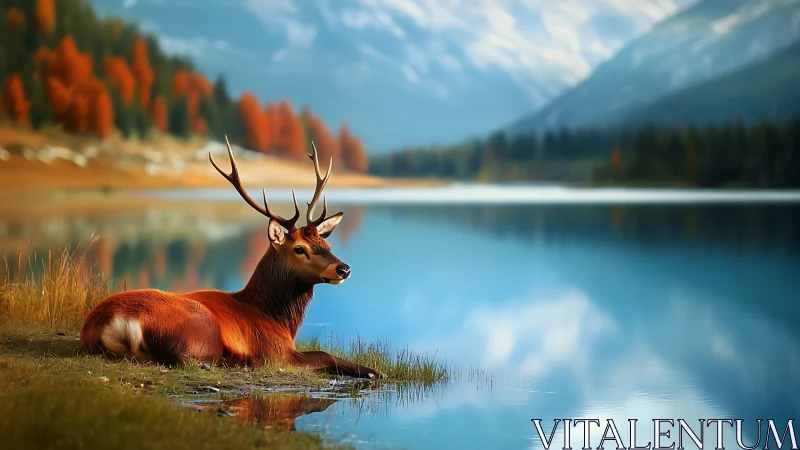 Gentle stag rests by a calm lake amid glowing autumn peaks
