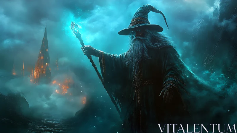 Mystic blue-robed wizard in cinematic nocturnal fantasy scene.