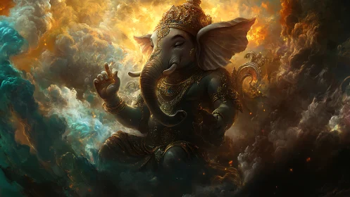 Celestial elephant deity crowned in stormlit golden clouds.