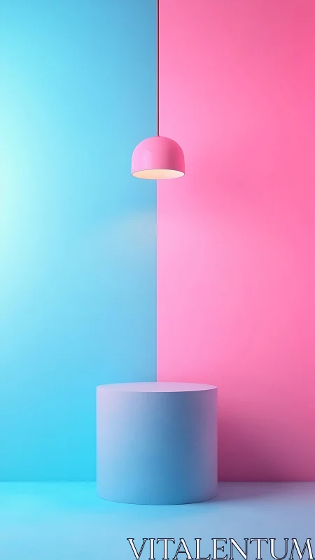 Bubblegum lamp over cyan pedestal in pastel split room.