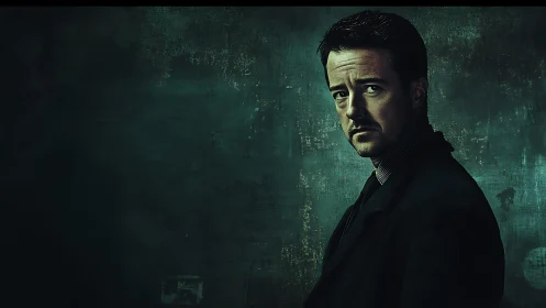 Brooding gentleman haunts a teal-scarred urban twilight wall.