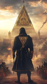 Hooded figure before burning city and golden pyramid.