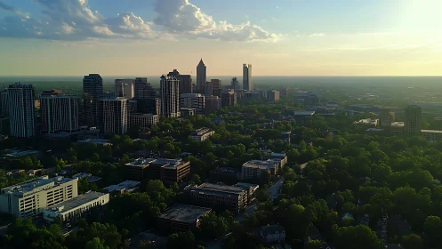 Sunlit skyline overlooks dense green city neighborhood.
