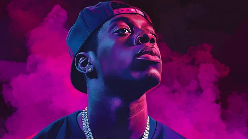 Neon-lit rap monarch rising through electric magenta haze.