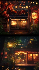 Lantern‑lit Japanese teahouses in rainwashed autumn nights.
