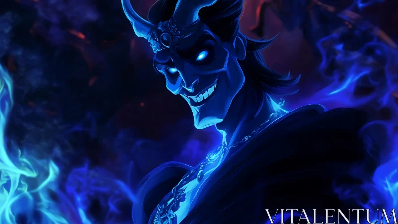 Blue flame trickster grinning in swirling underworld glow.