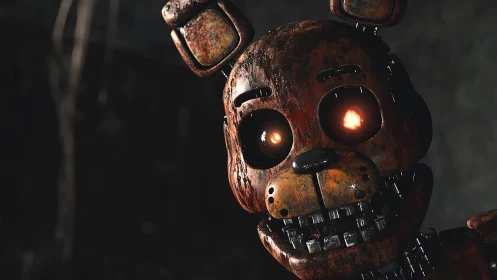 Rusty animatronic bear with burning eyes in darkness.