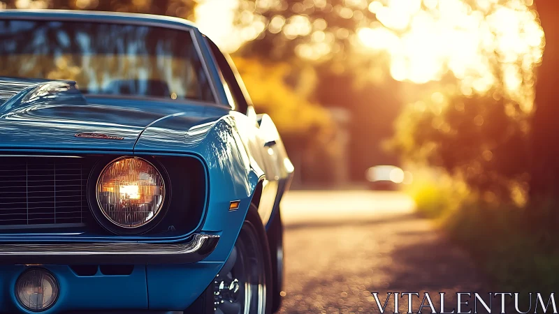 Blue classic coupe front detail on sunlit country road.