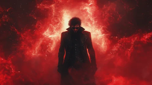 Dark sorcerer emerges from blazing crimson nebula storm