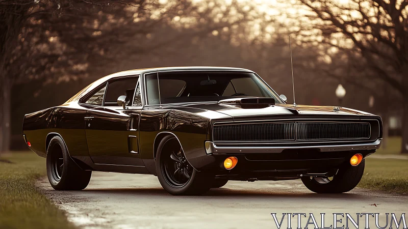 Glossy black muscle car stands on tree-lined park road at dusk
