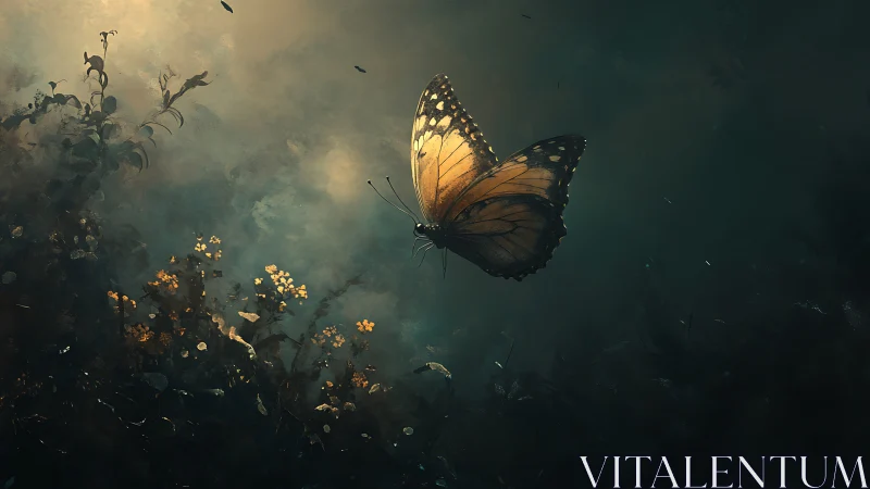 Twilight monarch drifts through a dusky, dream-lit garden.