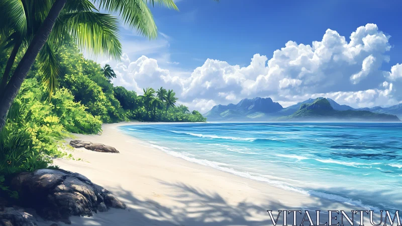 Tropical Coastal Landscape: Palm-Fringed Beach with Volcanic Peak Silhouettes