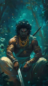 Muscular warrior sits in dense forest holding a sword