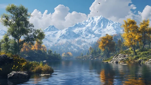 Snowcapped mountain rises above calm autumn alpine lake