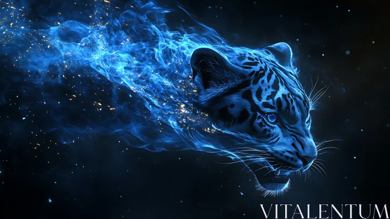 Plasma-phase panther head rendered as luminescent blue flow.