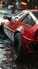 Rain-slicked red sports car carved from storm and asphalt.