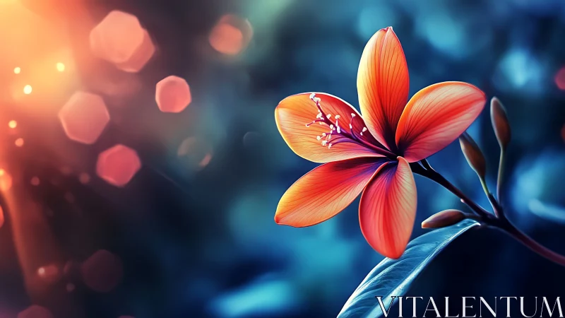 Red flower with five petals rendered in digital composition with bokeh background effects