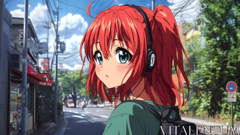 Red haired anime girl with headphones in sunlit urban street