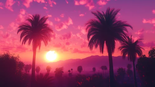 Dreamy palm tree sunset glowing in soft pink skies.